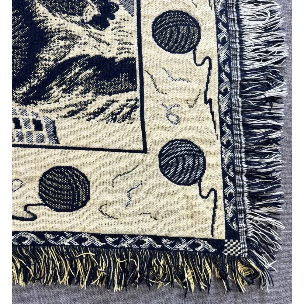 Vintage Woven Cat Kittens Throw Blanket Fringe Navy Cream 43x54 Tapestry Cottage - Picture 12 of 14